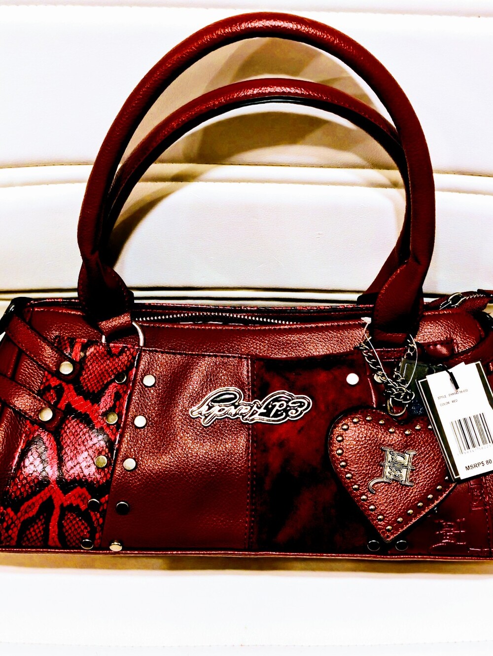 NWT RARE Ed Hardy Burgundy With Black Snake Skin Tote- Heart Charm Buckle Sides